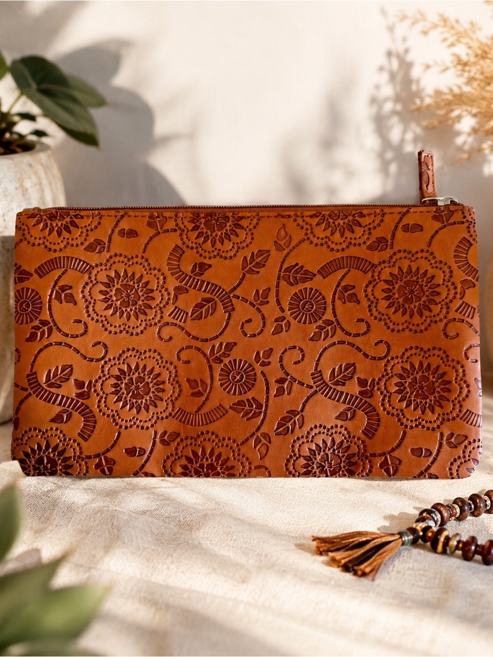 Boho Embossed Vegan Leather Zip Pouch Cognac. Soft, Durable and Cute! 🤠
